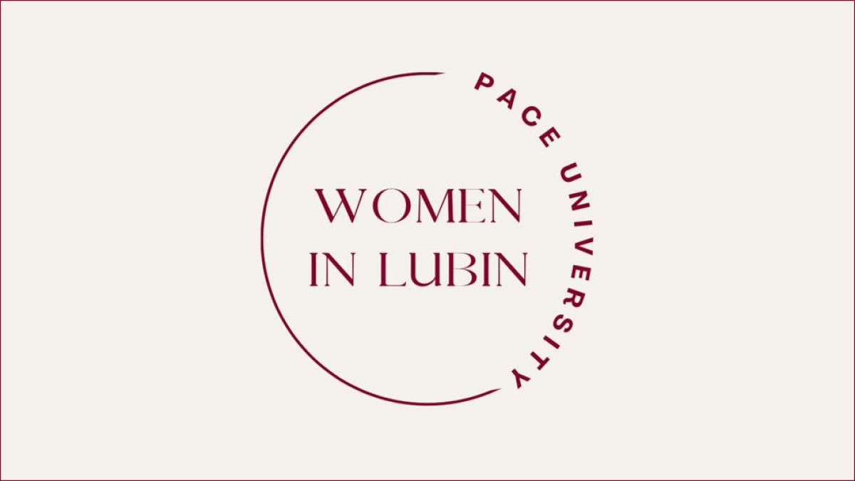 logo of the Women in Lubin student organization at Pace University's Lubin School of Business - round logo with words in maroon font against tan background