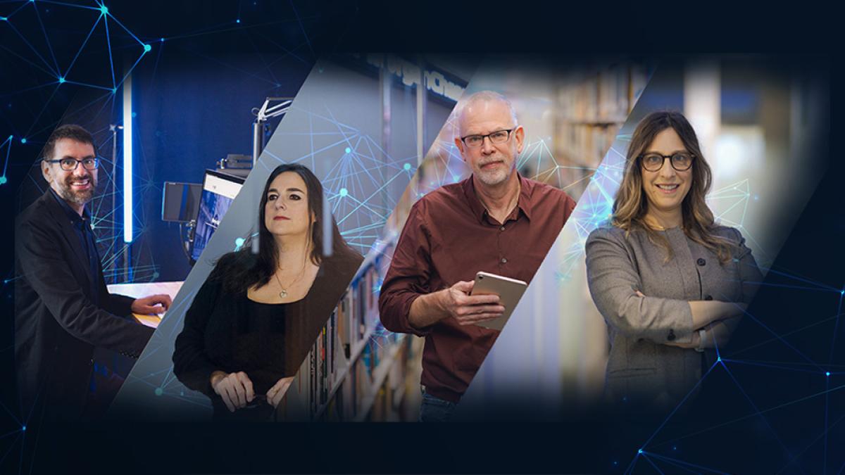Collage featuring headshots of Professors Brian McKernan, Jessica Magaldi, Emilie Zaslow, and James Brusseau.