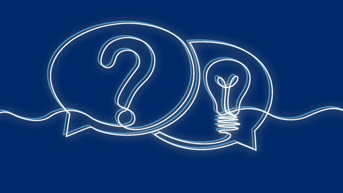 Line illustration of a question mark and lightbulb.