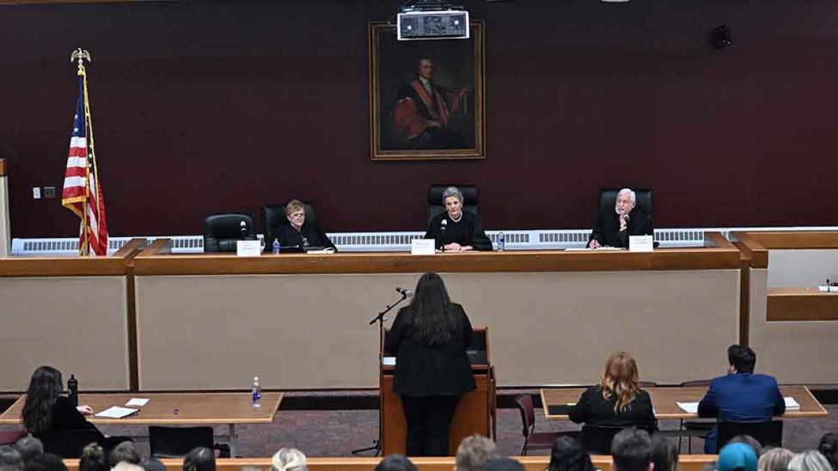 Elisabeth Haub School of Law students in the Moot Courtroom competing in an advocacy competition.