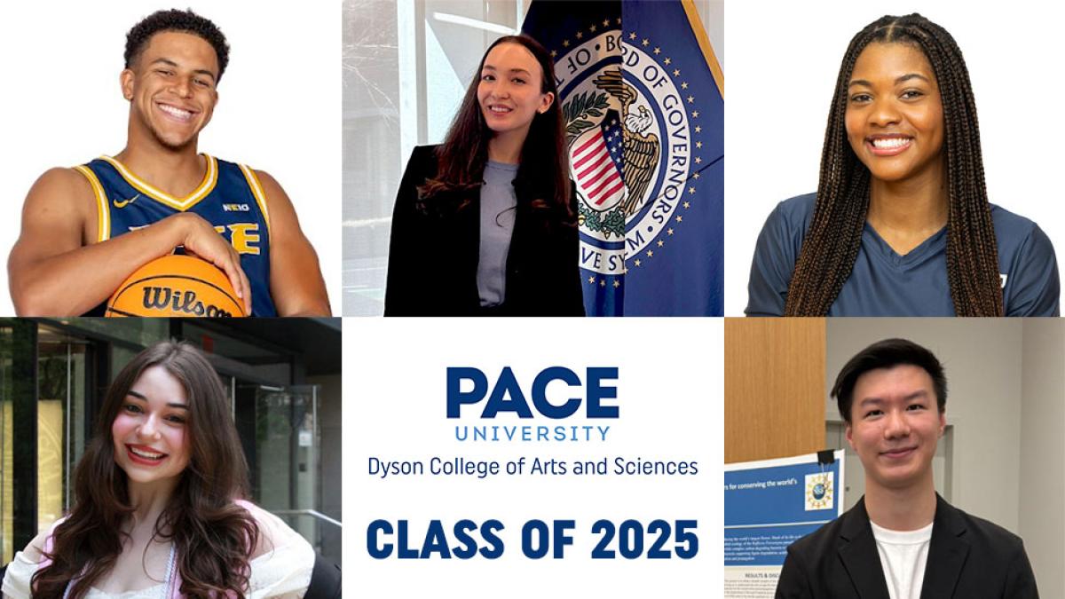 Collage of five Pace University Dyson class of 2025 graduates