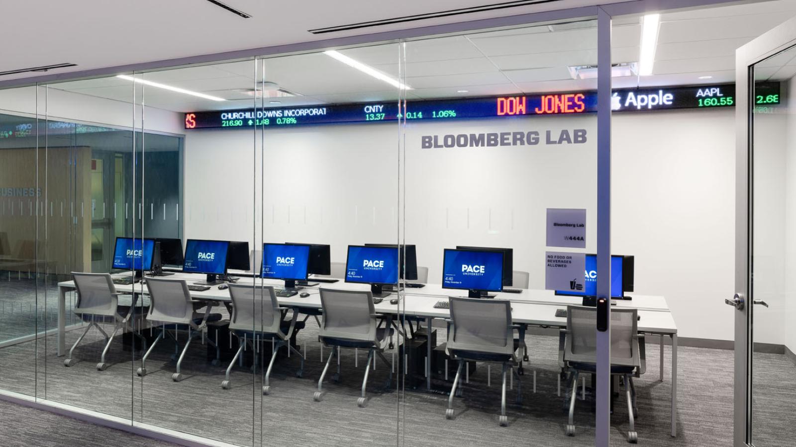 trading room housing the Global Portfolio Analysis Center on the New York City Campus of Pace University