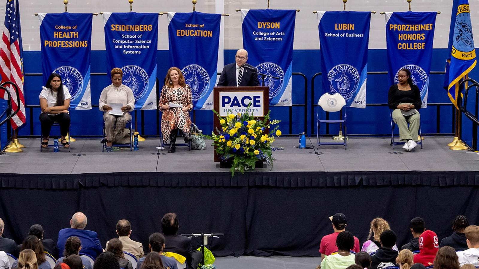 Pace president, Marvin Krislov, speaking on stage at the class of 2026 convocation ceremony.