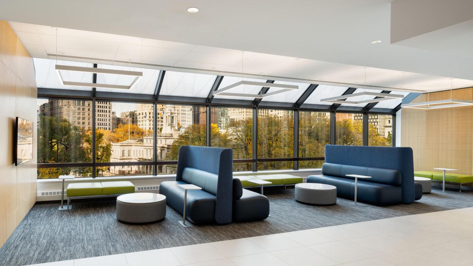 nyc campus study space with big windows looking out into city hall