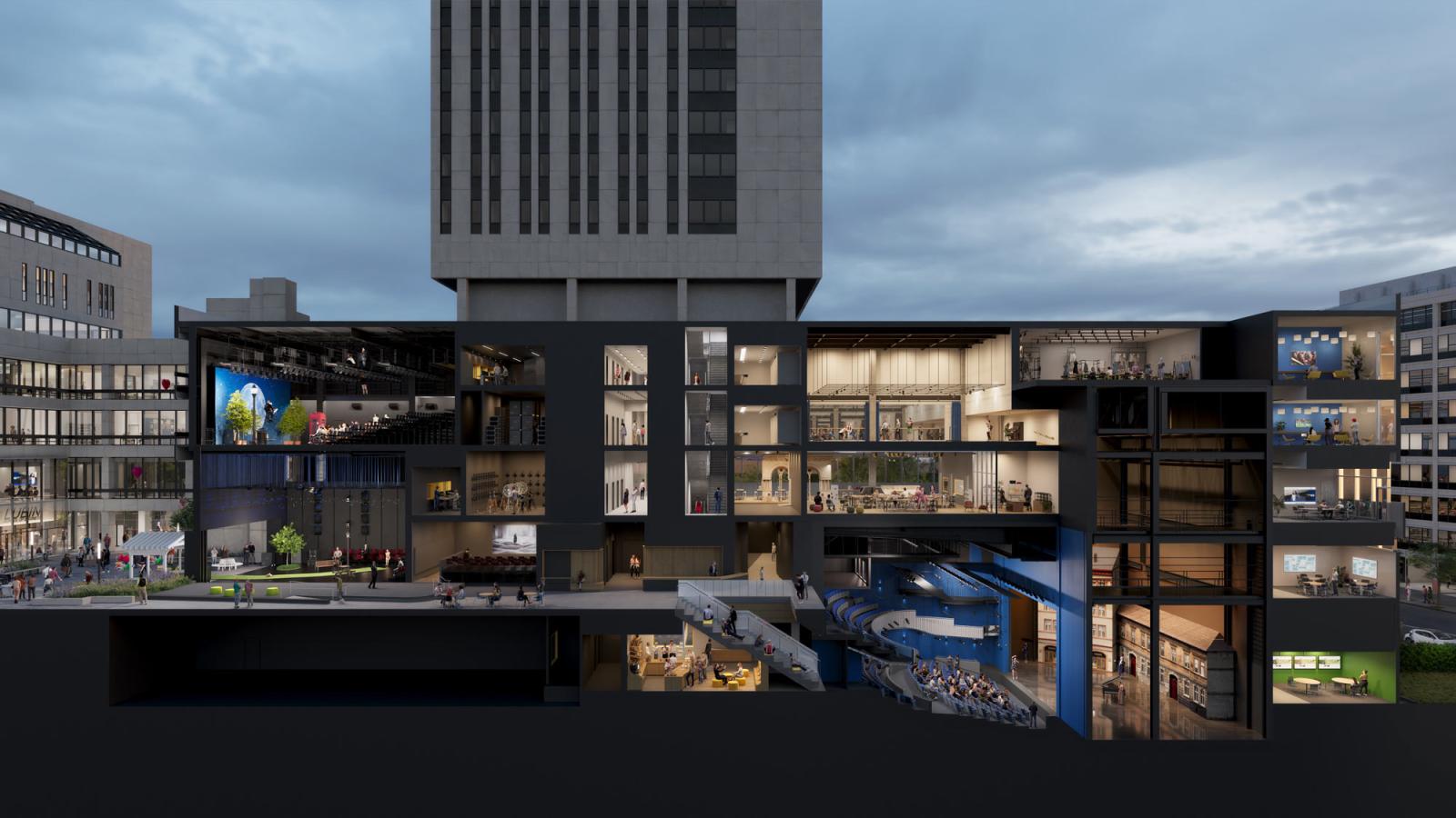 longitudinal cross-section of one pace plaza east on the New York City Pace University Campus.