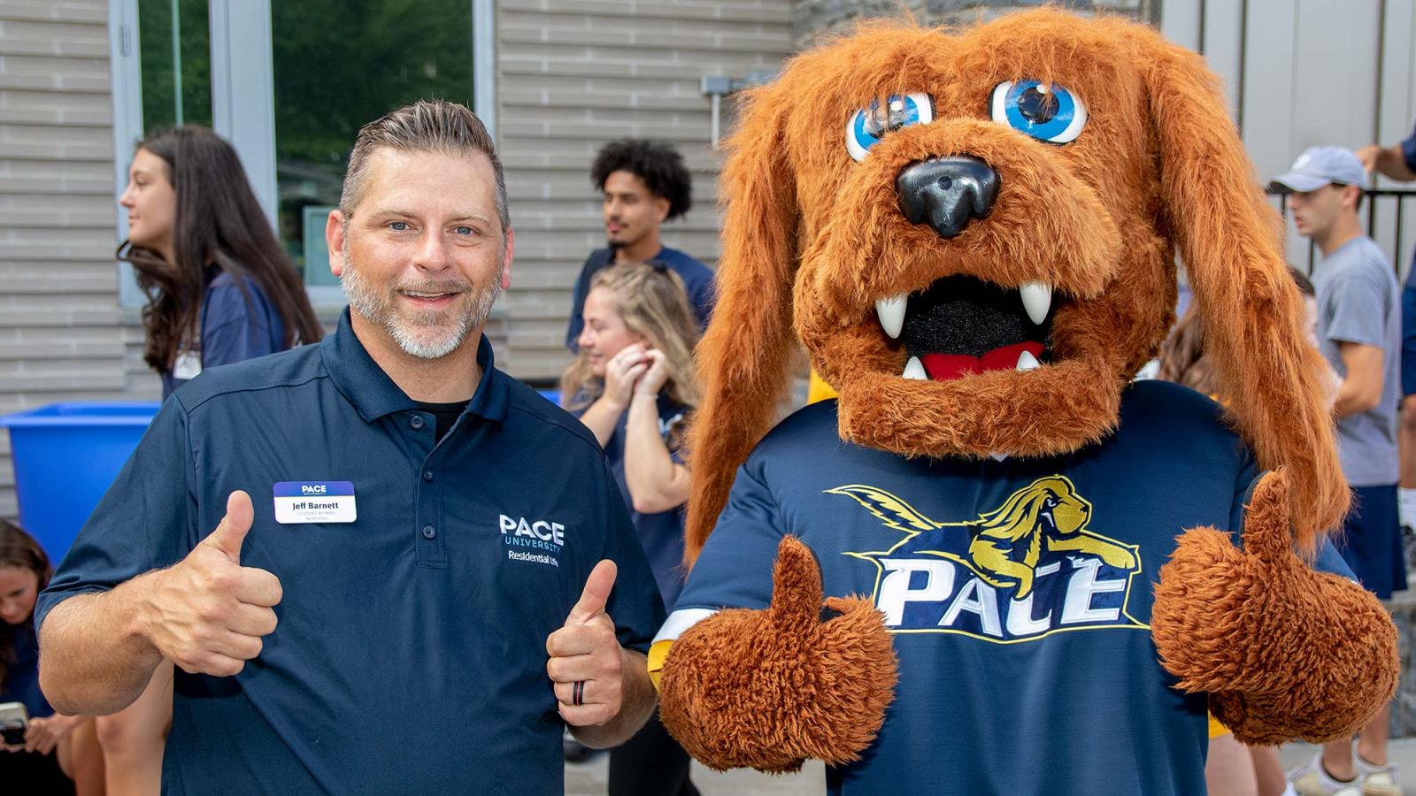 Dean of Student Affairs Jeff Barnet with Pace University's Mascot, T-Bone