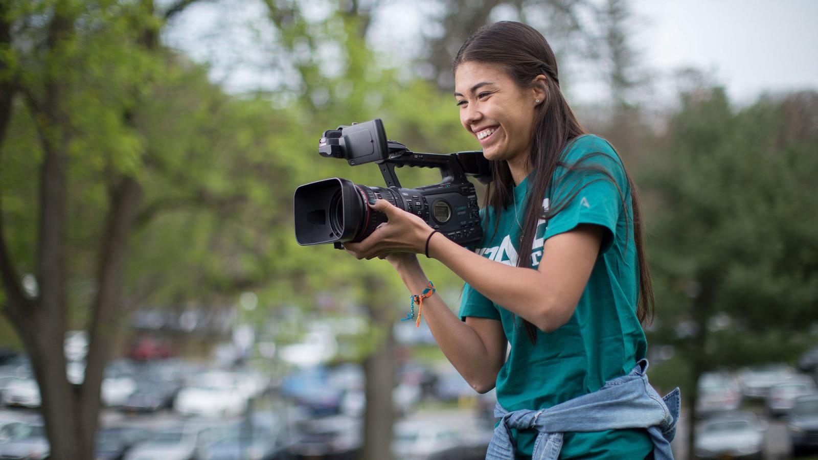 Pace University student, Tabatha Gonzales filming on the Pleasantville Campus.