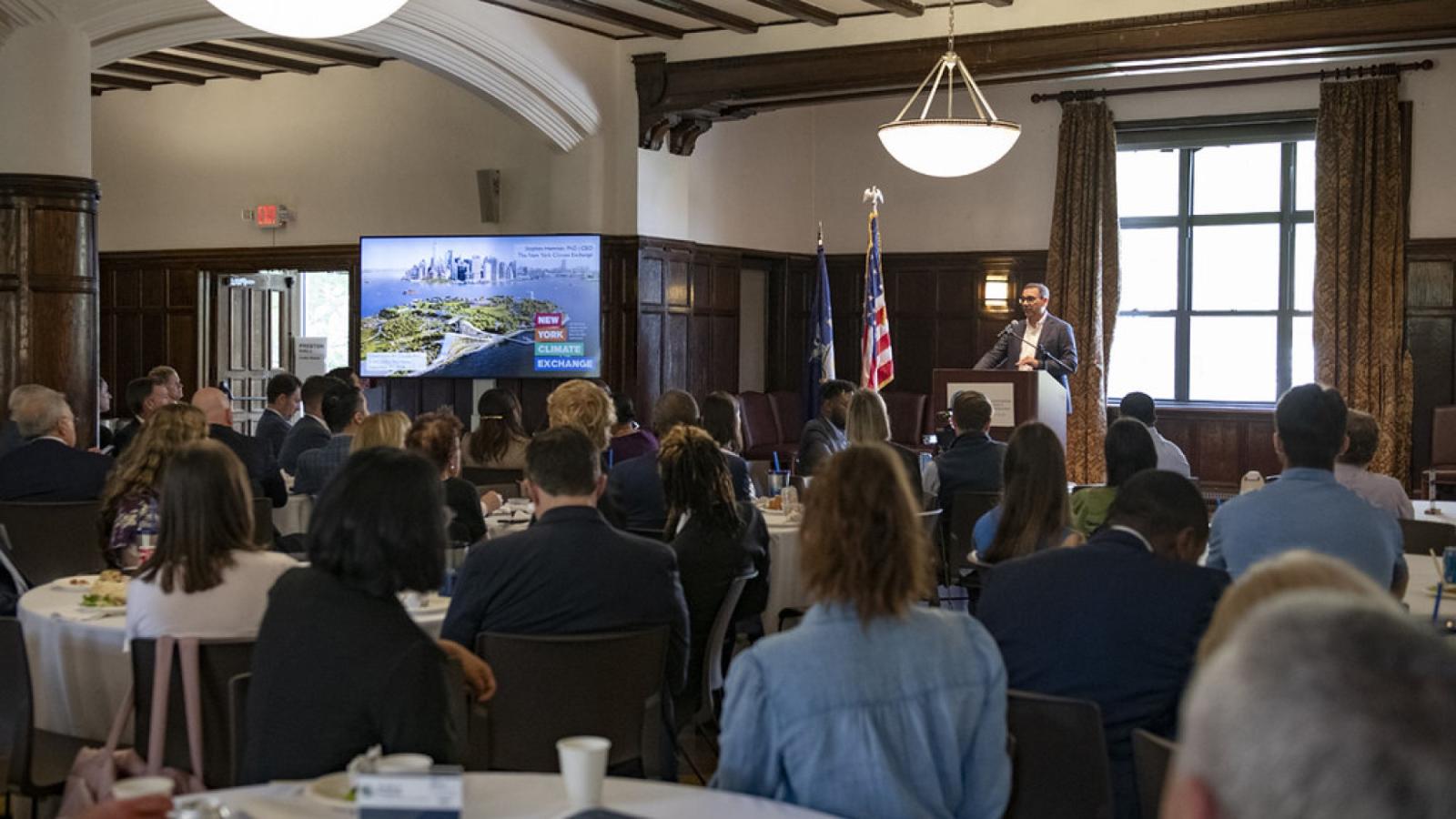 Keynote Speaker and audience view at 3rd Annual WCA Sustainable Business Conference held at The Elisabeth Haub School of Law