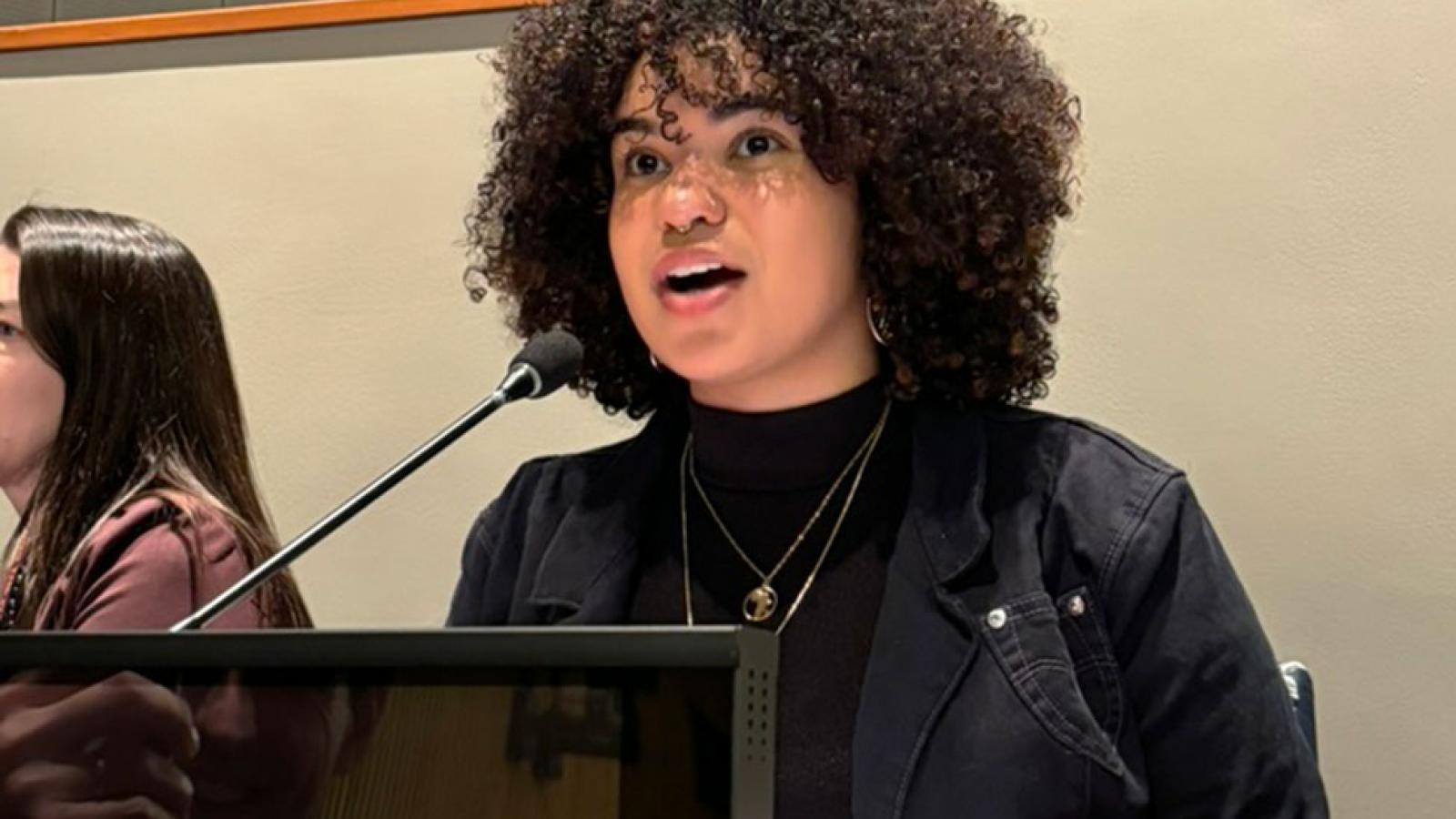 Pace University student Layne Davis ‘25, Peace and Justice Studies, Political Science, delivering statements to the United Nations General Assembly First Committee