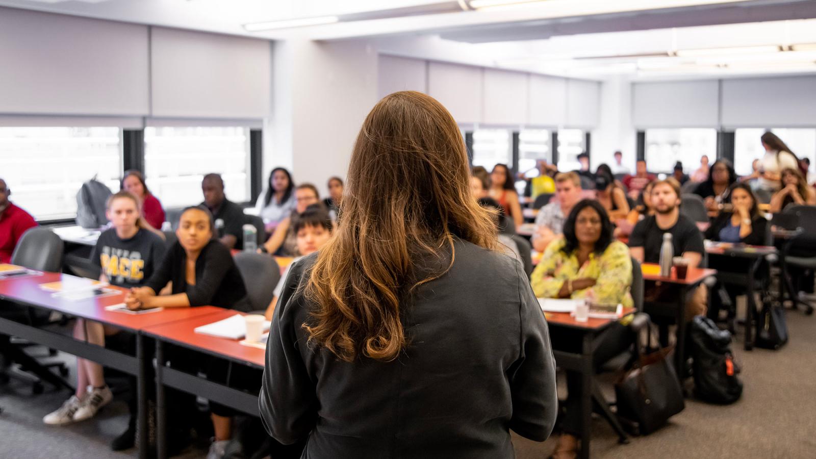 Professor speaking to a class at Pace University.