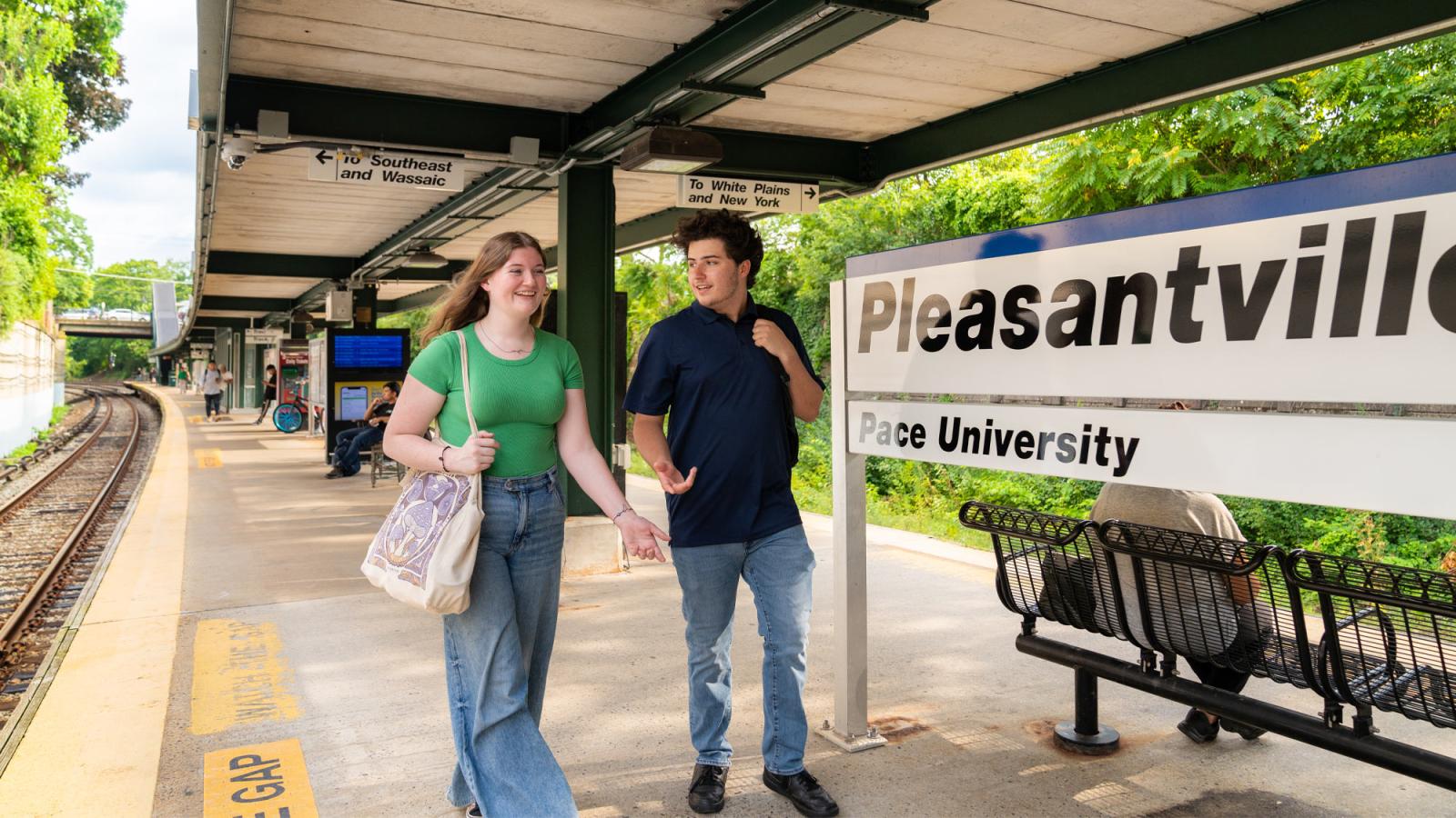 Pace students walking on the platform at the Pleasantville Metro North Station.