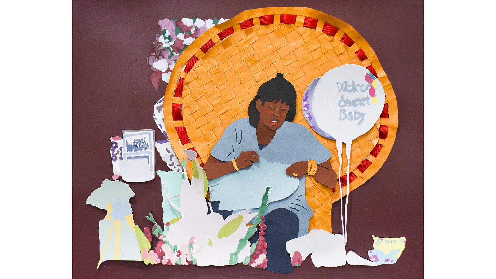 Artwork of a woman cradling a bundle called Welcome Sweet Baby by Destiny Belgrave displayed in the We're Home exhibition in the Pace University Art Gallery.