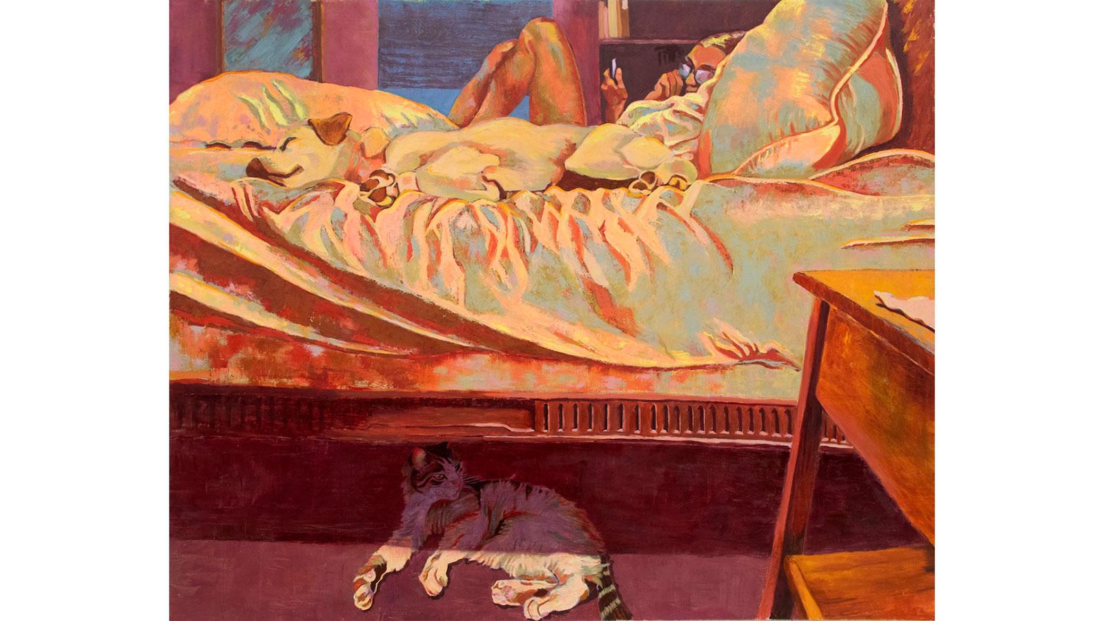 Painting of a person and dog on a bed with a cat below called Twilight Time by Margaret Zox Brown displayed in the We're Home exhibition in the Pace University Art Gallery.