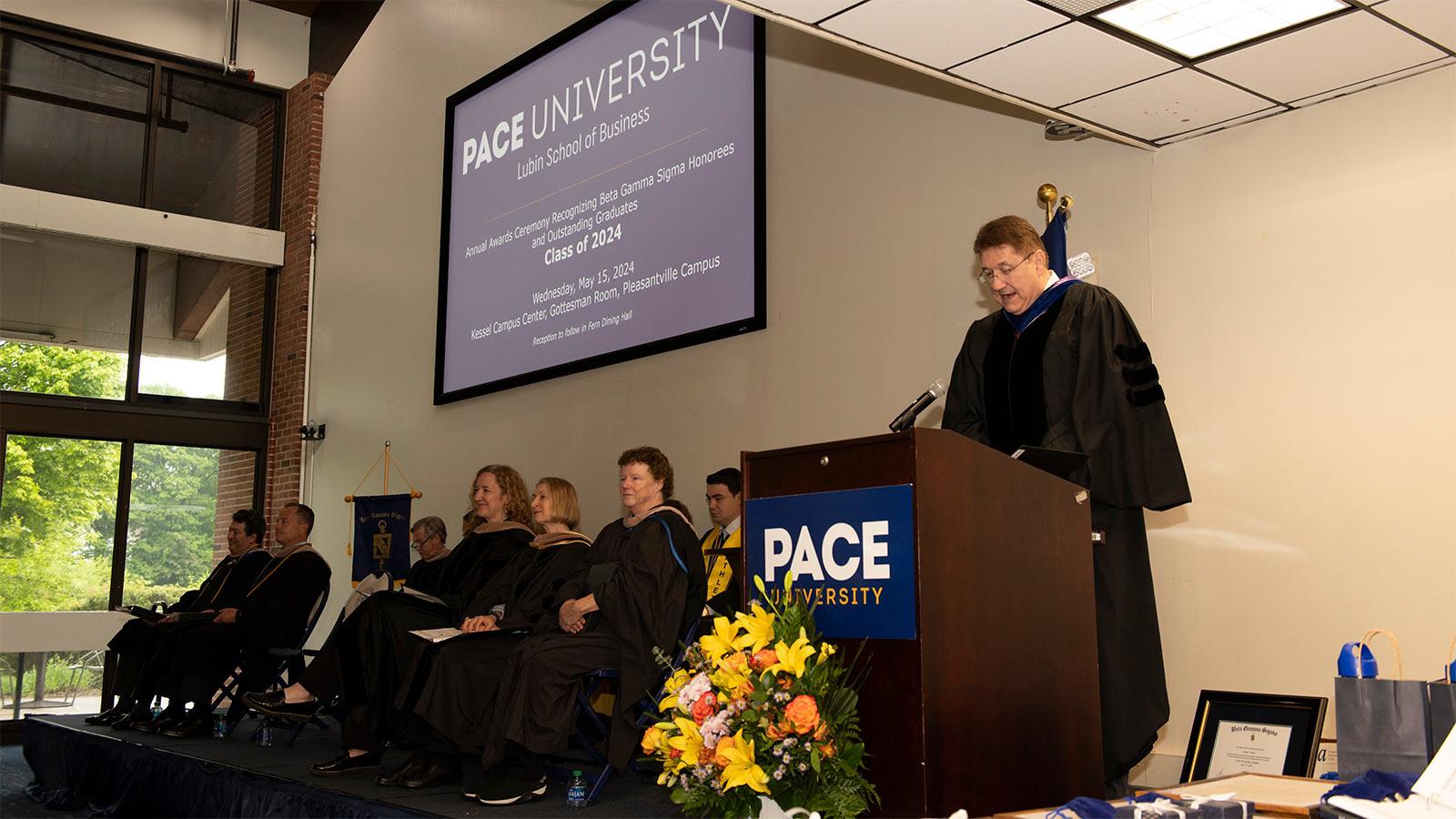 Pace University Lubin School of Business Dean Lawrence G. Singleton delivering remarks at the 2024 Pleasantville Lubin Awards Ceremony.