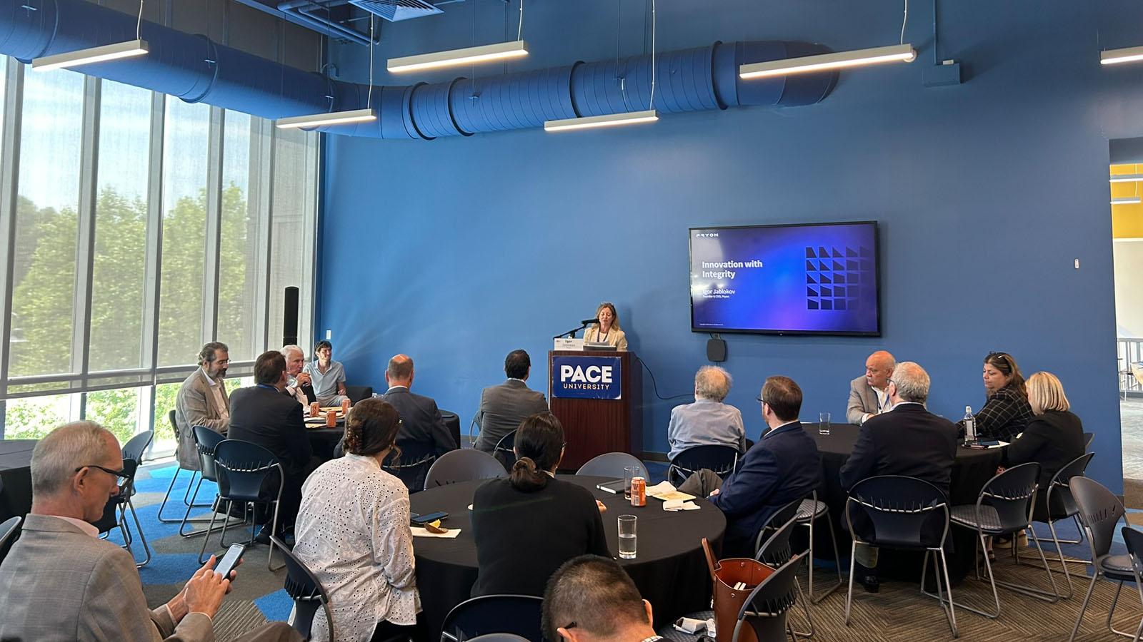 Heather Mulligan, President and CEO of The Business Council of New York State, delivers welcome remarks at lunch at the 2024 Renewable Energy Conference