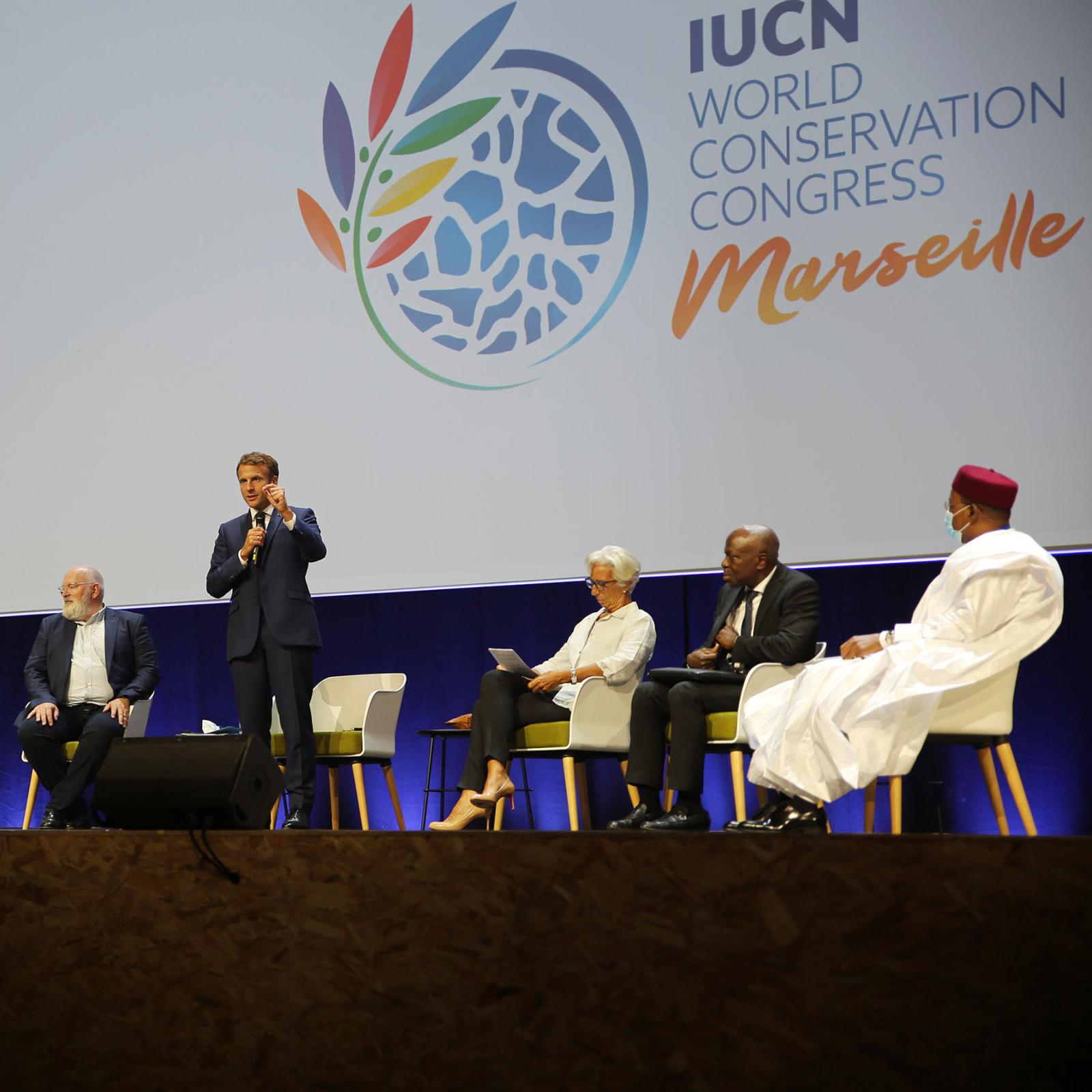 French President Emmanuel Macron speaking at the IUCN World Conservation Congress.