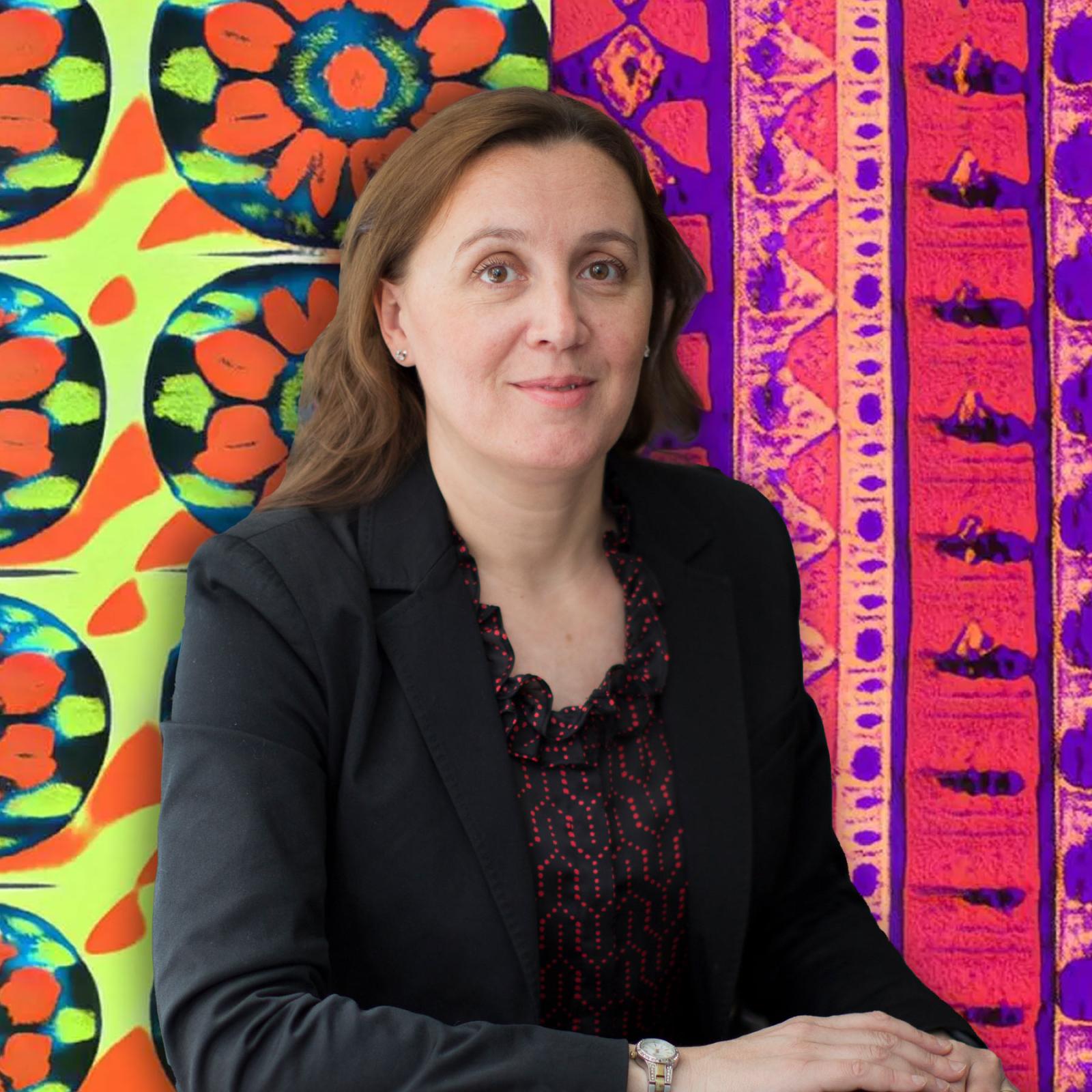 Dr Christelle Scharff with AI generate African style fabric patterns.