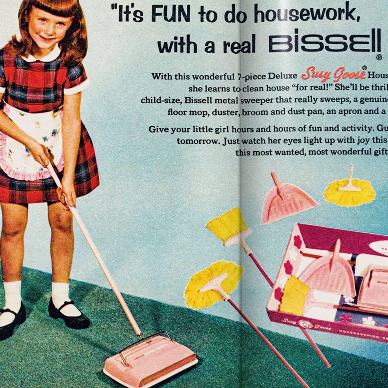 Vintage advertisement aimed to young girls about a Bissel metal sweeper. The ad was used in the Girl Museum Exhibit: Girls in Toyland created by Pace University Communication and Media Studies students.