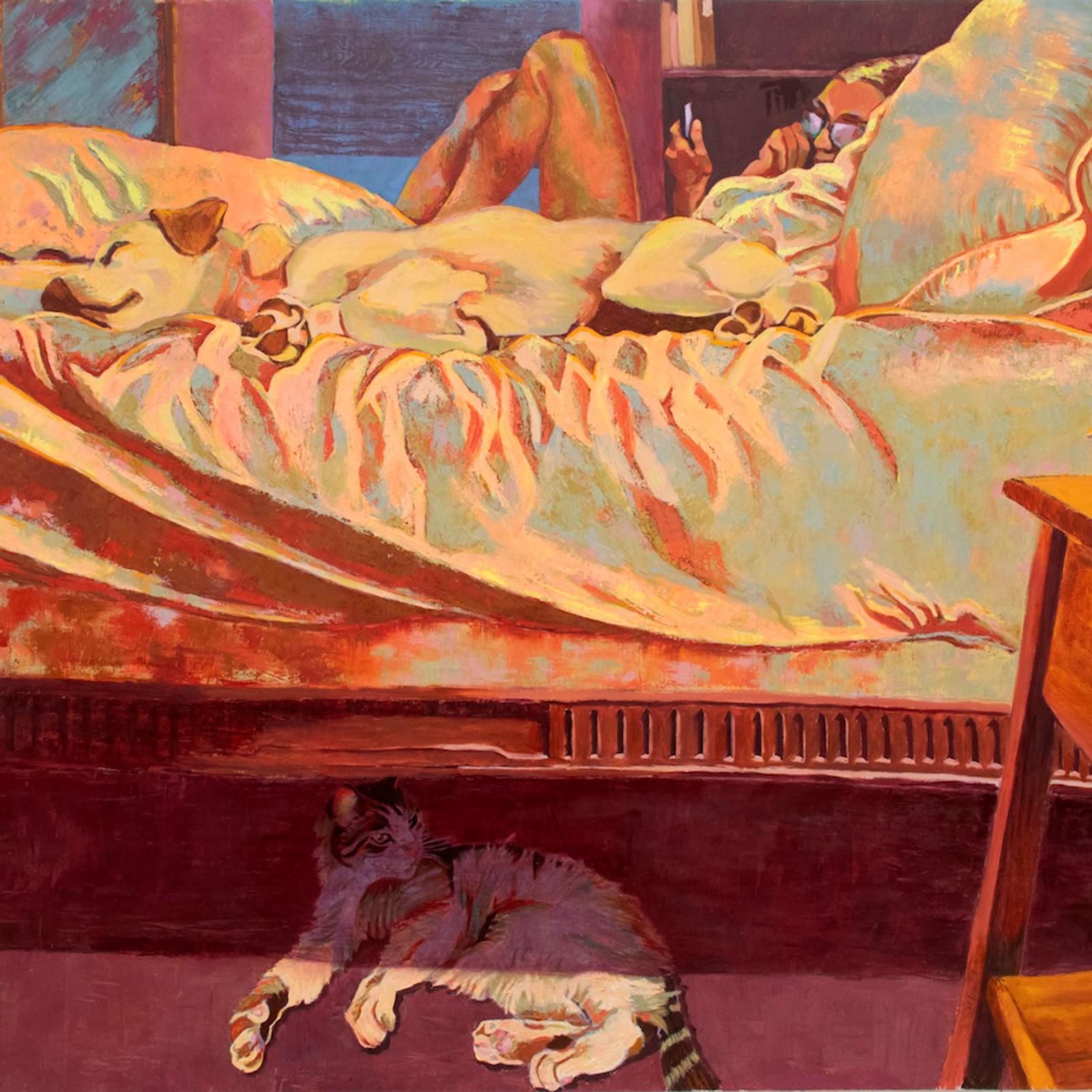 Painting of a person and dog on a bed with a cat below called Twilight Time by Margaret Zox Brown displayed in the We're Home exhibition in the Pace University Art Gallery.