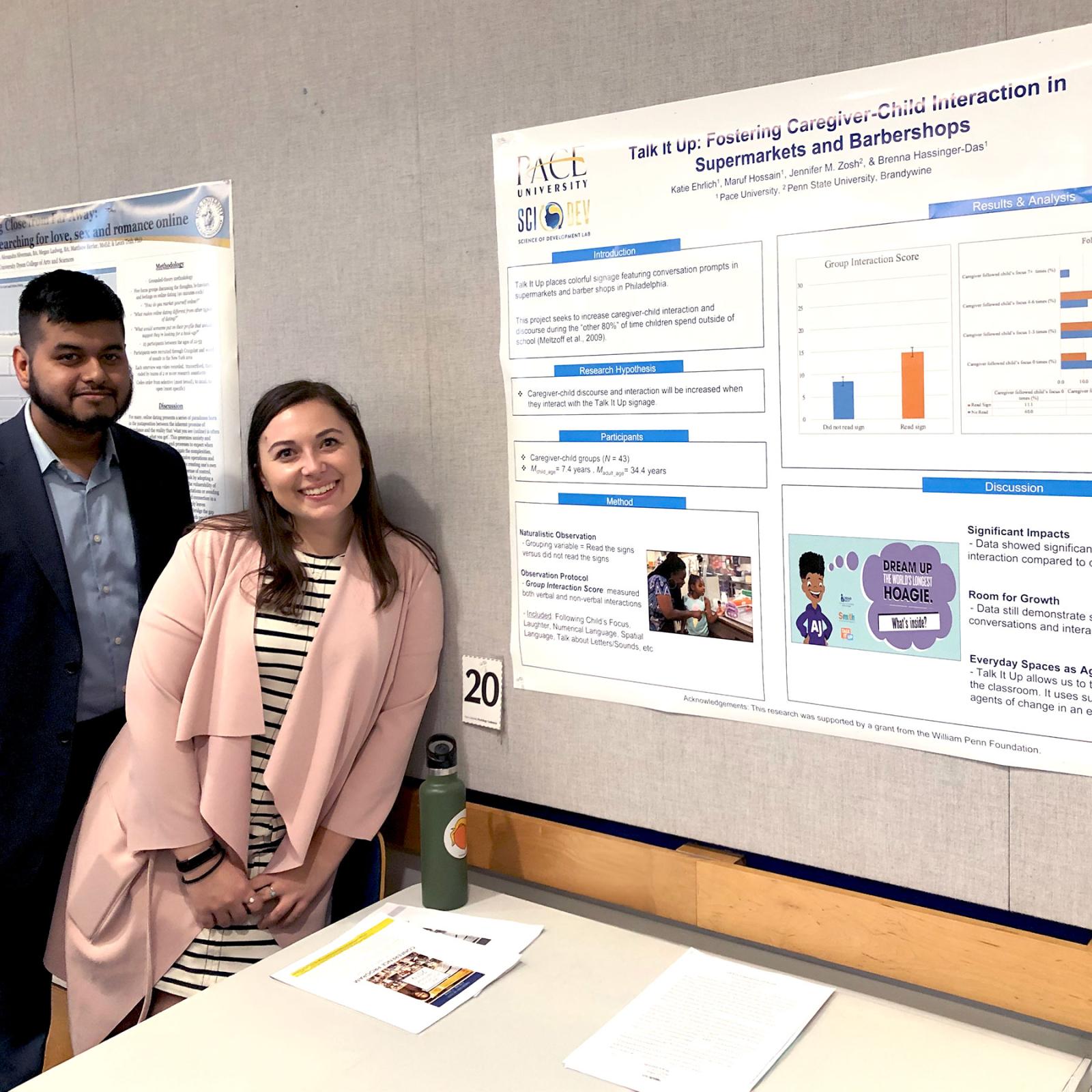 Two Pace University Psychology NYC students present research on a poster for a Psychology conference