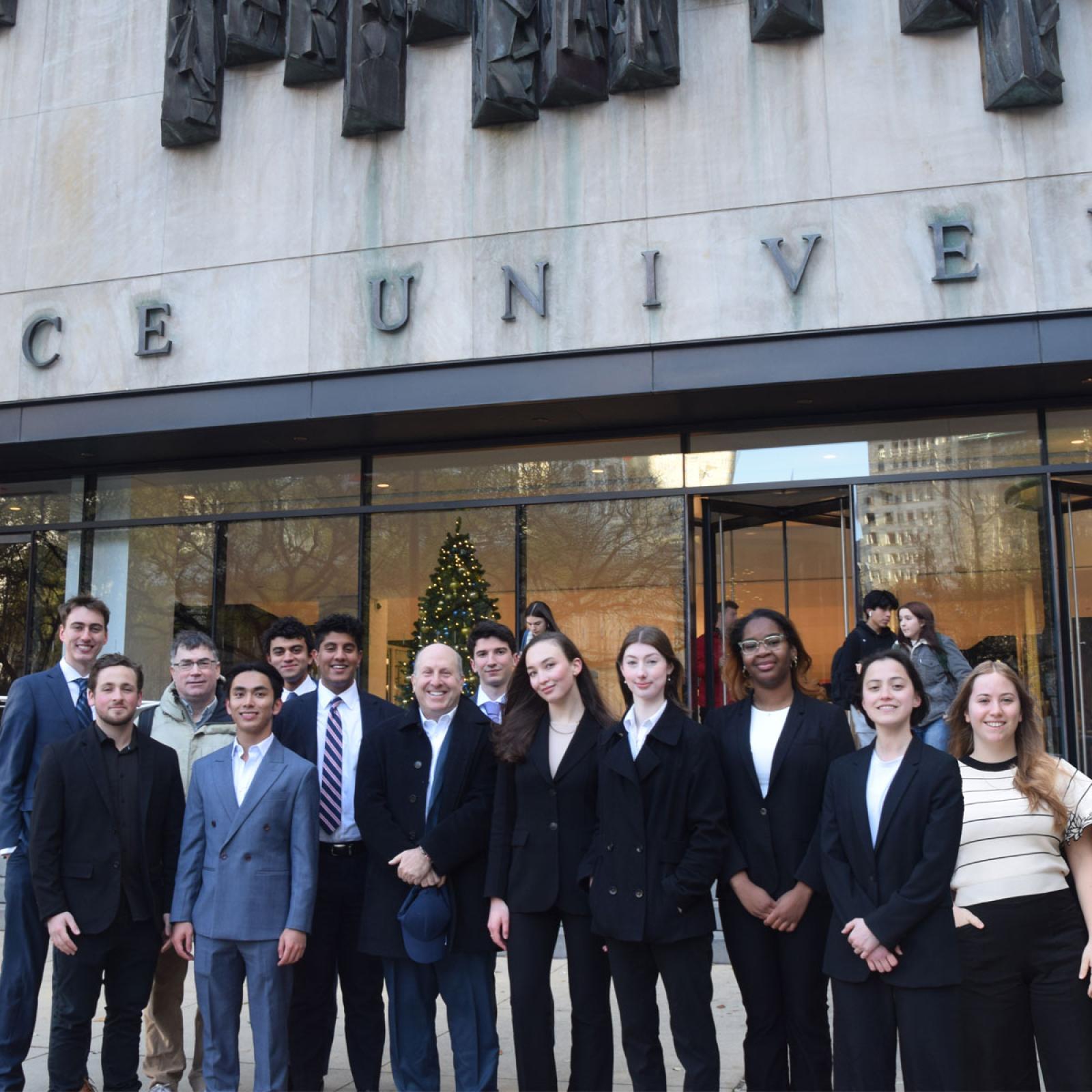 Pace's Federal Reserve Challenge Team with President Krislov on the steps of One Pace Plaza. 